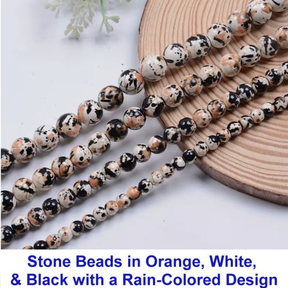Beads in Orange, White, And Black with a Rain-Colored Design 7- 8mm  50 Beads